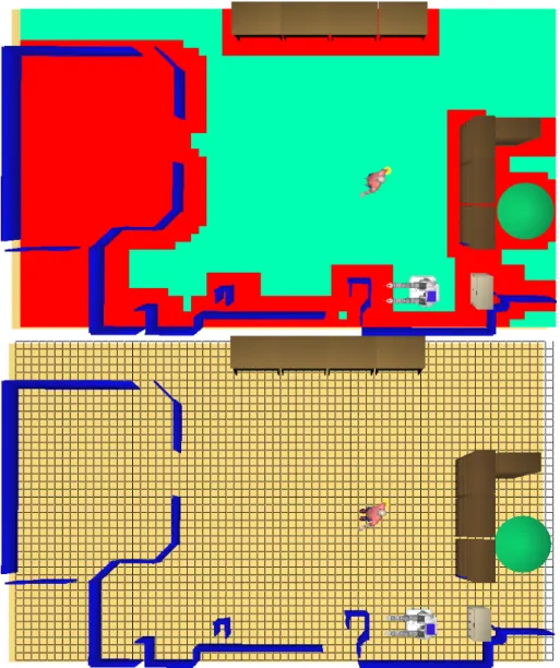Figure 3.6 – En haut, la grille des coˆ uts du graph 2D (repr´ esent´ e en bas) que l’algorithme A*