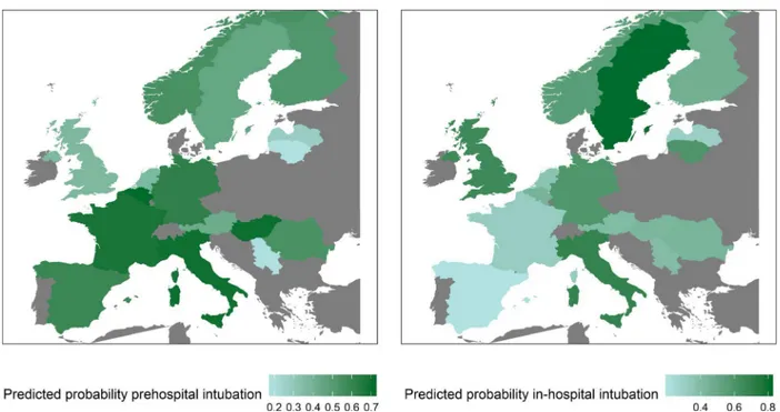 Figure 4 Intubation practice variation. The left panel shows the predicted probabilities of pre-hospital tracheal intubation for the average patient in each country, and the right panel shows the same result for in-hospital intubation.