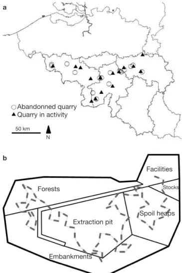 Figure 1. a. Map of the 31 sampled quarry sites in Southern  Belgium.  b. Schematic representation of the sampling  design