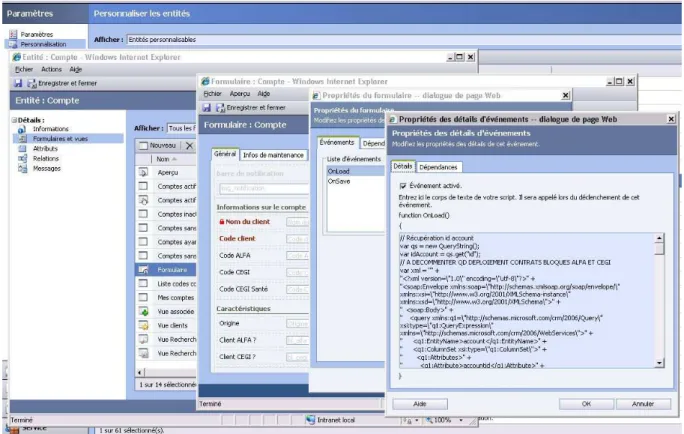 Figure  7  :  Ensemble  des  écrans  permettant  d'accéder  au  script  de  chargement  du  formulaire  de  l'entité  Compte  dans  Microsoft CRM 3.0 