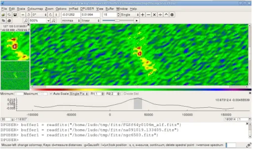 Figure 3.2 – Session de travail QFitsView. Visualisation d’un spectre et invite de commande DPUSER.