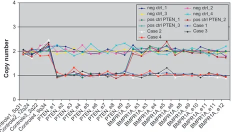 Fig. 2. Copy numbers of the PTEN and BMPR1A genes. Copy numbers of the PTEN and BMPR1A genes in patients with a PTEN deletion (pos ctrl PTEN_1-3) or a combined deletion of PTEN and BMPR1A (Cases 1–4) and that of control individuals (neg ctrl) were determin