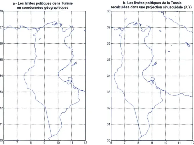 Figure 5.6: Les limites politiques de la Tunisie en coordonnées géographique (à gauche) et  en projection sinusoïdale (à droite) 