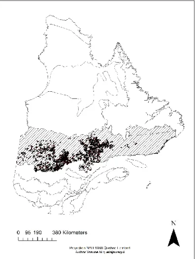 Figure 7. The black spruce feathermoss domain (shaded area) in Québec, Canada showing  the location of the 3,249 mono-specific black spruce patches used for the modelling exercise