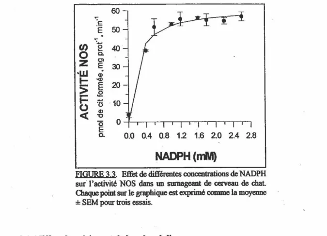 FIGURE 3.3.  Effet  de différentes  concentrations de  NADPH  sur·  l'activité  NOS  dans  1m  sumageant  de cerveau  de  chat  Chaque  point  sur le graphique  est  exprimé comme  la  moyenne 