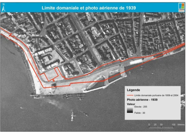 Figure 9 : Superposition du projet de la limite domaniale de 1939 et de 2004 à une photographie aérienne     datant  de 1939