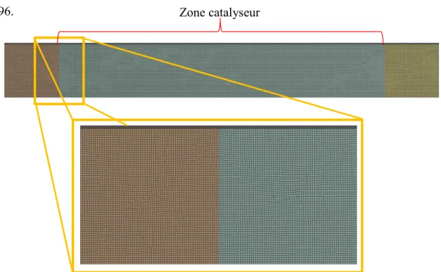 Figure 17 : Maillage de la zone catalyseur, avec zoom sur l’entrée du catalyseur.