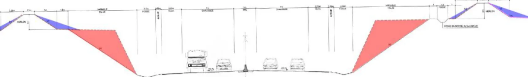 Figure 4 :  Croquis explicatif des adaptations du projet pour la réduction des déblais (en bleu et  en rouge, Source Etienne Maizeray)