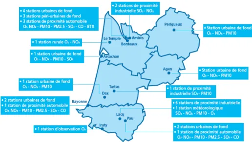 Figure 1 : Répartition sur l'Aquitaine des stations de mesures fixes avec type de polluants analysés 