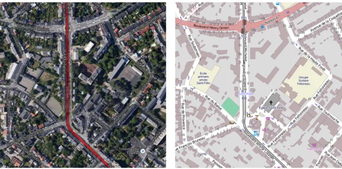 Figure 1.1: Comparison of satellite map of Google Maps (left) and collaborative map of Open- Open-StreetMap (right) of the same part of Nantes shows different informations