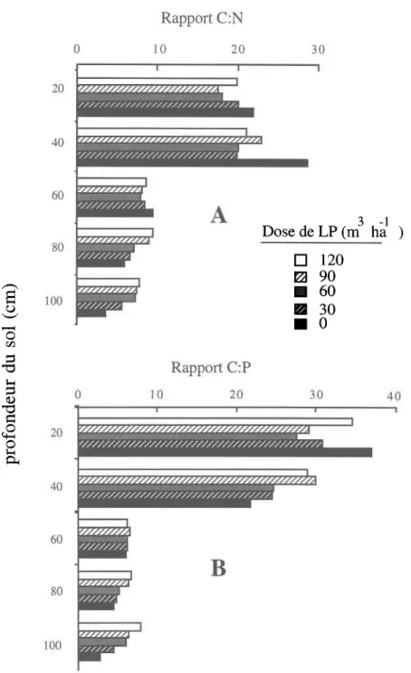 Figure 4.5 Evolution des rapports C:N (A) et C:P (B) dans le profil  d'un loam limoneux Le Bras ayant reçu des doses croissantes  de lisier de porc (LP)