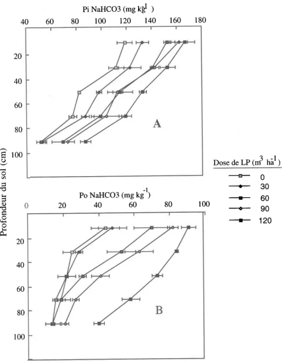 Figure 5.2 Distribution des fractions labiles Aep!99!p1e  inorganique (A) et organique (B) extraites avec du NaHCO3 0.5M dans le profil d'un-loam limoneux Le Bras ayant reçu des doses croissantes  de lisier de porc (LP)
