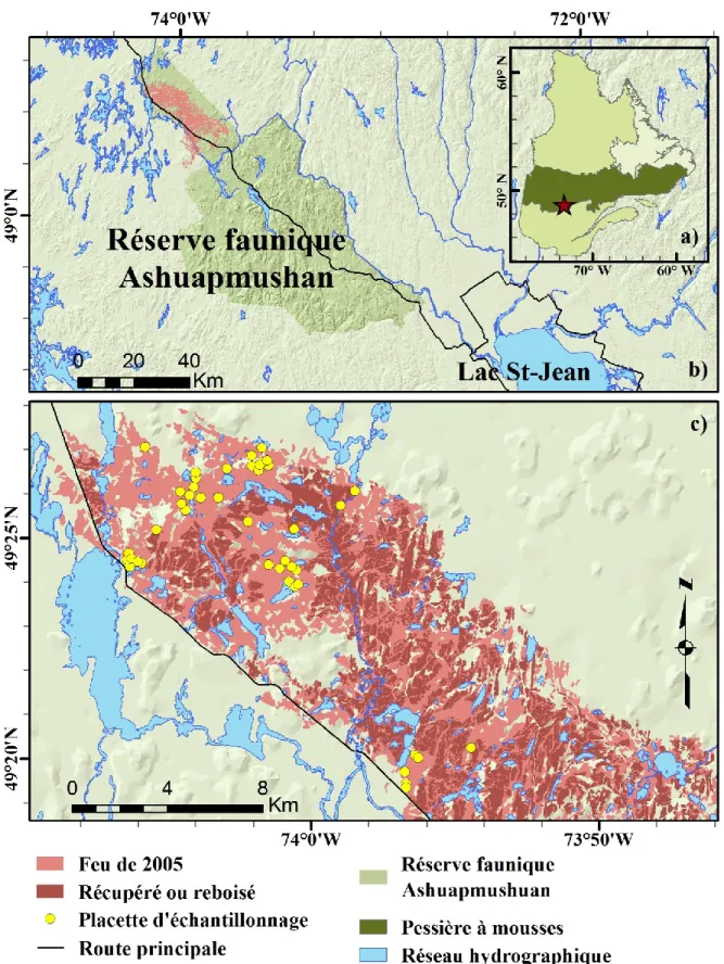Figure  2 :  Localisation  (a)  dans  la  province  de  Québec  (Canada)  et  (b)  dans  la  réserve  faunique Ashuapmushuan du feu de 2005 sélectionné comme territoire d’étude ainsi que (c) la  localisation des 42 placettes d’échantillonnage