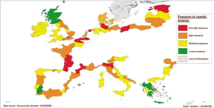 Figure 3 : Exposition des régions européennes à l'érosion côtière (Source : Vivre avec  l'érosion côtière en Europe : Sédiment et Espaces pour la durabilité, Eurosion 2004) 