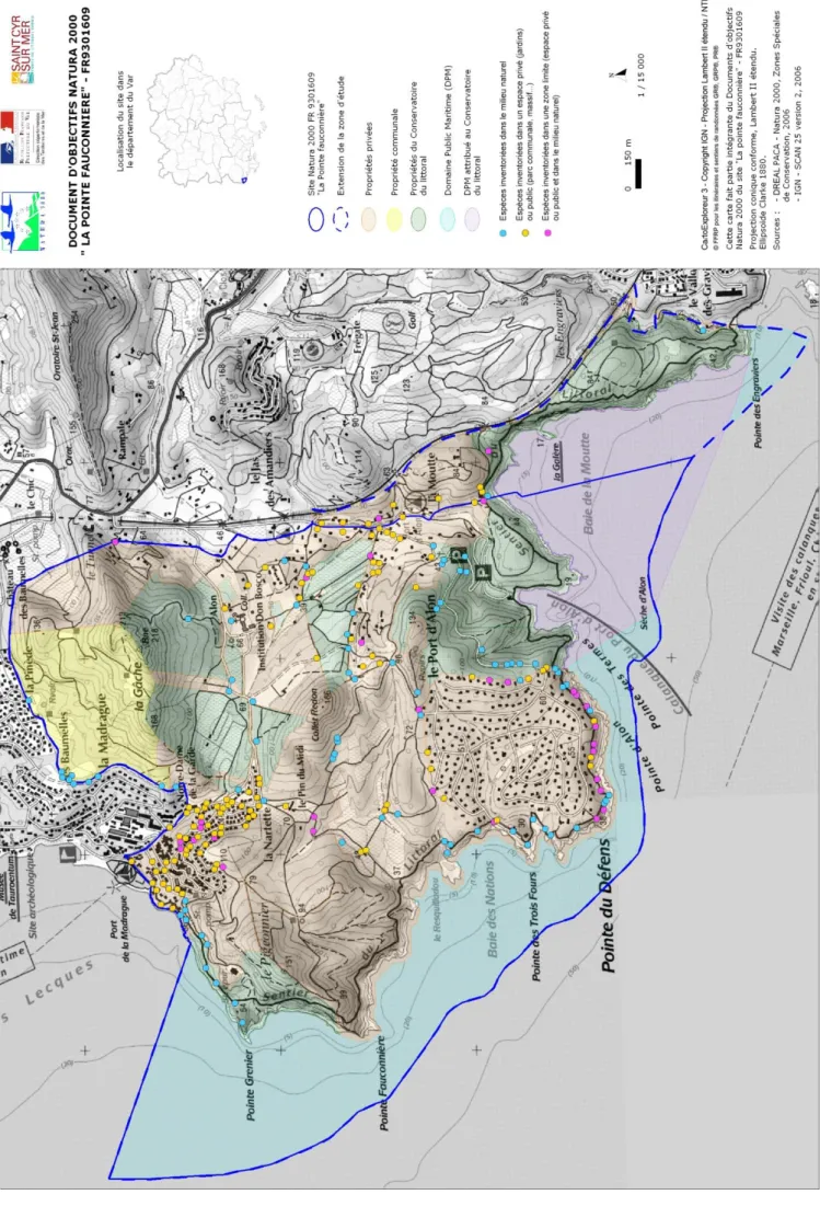 Figure 12 :  Répartition des EVEE sur les propriétés privées et en milieu naturel sur le site de la Pointe Fauconnière (source : DOCOB, 2011) 