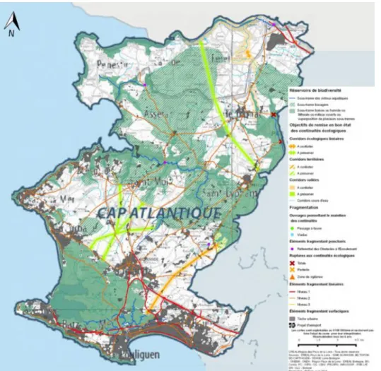 Figure 9 : Identification de la TVB par le SRCE Pays de la Loire sur la Presqu’île Guérandaise  (Source : DREAL Pays de la Loire et Biotope, 2014) 