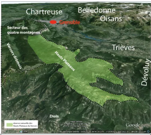 Figure  6 :  Principaux  secteurs  du  massif  du  Vercors  et  positionnement  géographique  (source : google earth, 2014) 