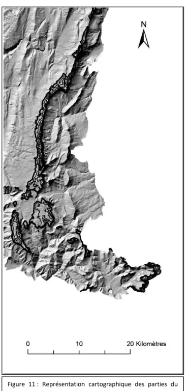 Figure  11 :  Représentation  cartographique  des  parties  du  massif du Vercors situées à plus de 1700 mètres d’altitude