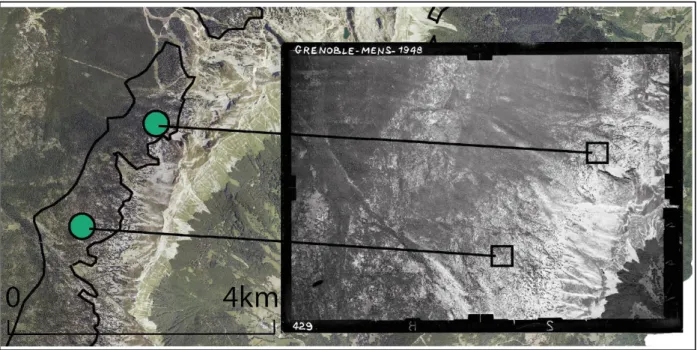 Figure  13 : Analyse  diachronique  des  surfaces  arborées  aux  altitudes  les  plus  hautes  du  massif  du  Vercors  à  partir  des  photographies aériennes de la campagne de 1948
