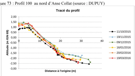Tableau 4: Dynamique du nord de la plage d’Anse Collat (Source : DUPUY) -> + :  accumulation/ - : érosion/ = : Stabilisation 