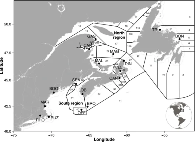 Figure 2.1. Map of lobster sampling locations. 
