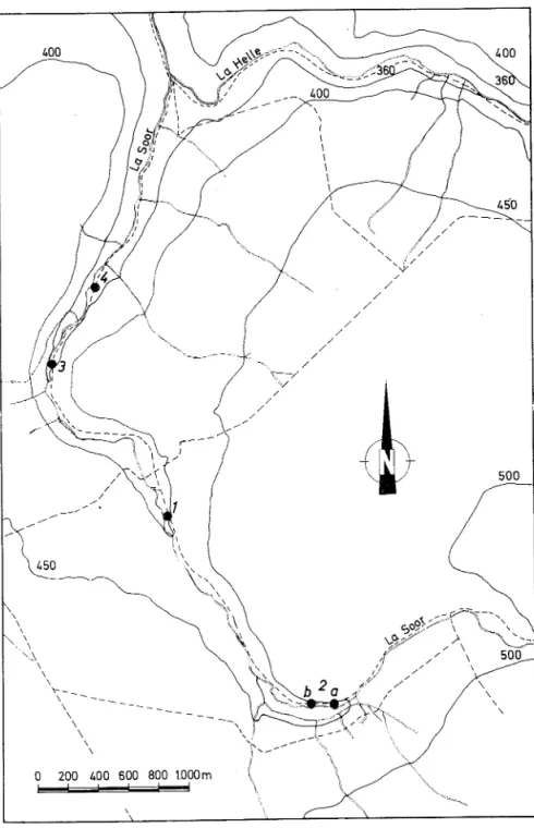 Fig.  3.  - Localisation  des  coupes  examinées  dans  la vallée  de  la  Soor,  lors  de  l'ex- l'ex-cursion  du  1  juillet  1971