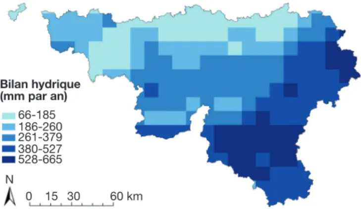Figure 8. Bilan hydrique moyen annuel sur 20 ans (1988- (1988-2008) par maille de 10 km x 10 km de la base de données  météorologiques  B-CGMS  pour  la  Wallonie  (Belgique  méridionale)  —  Average  annual  water  balance  over  20 years (1988-2008) by 1