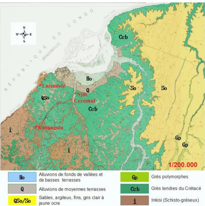 Fig. II.2 : Carte géologique de Kinshasa (Wetshondo, 2012, modifié d'après Musée Royal de l'Afrique Centrale, 1963,  modifié).