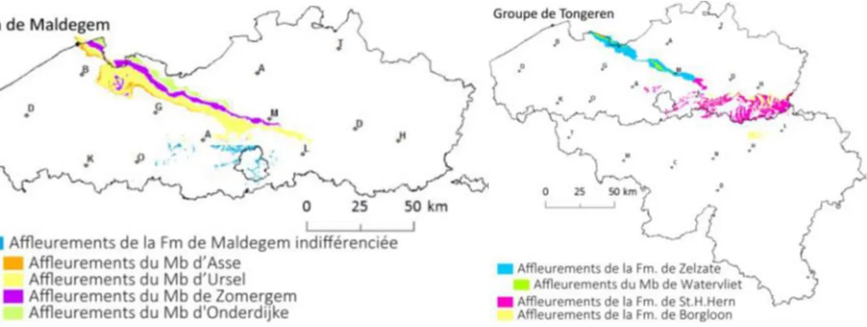 Fig.  41.  Localisation  des  zones  d’affleurement  des  Formations  de  Kortrijk  et  Gentbrugge  (Rekk, 2014)