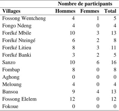 Tableau 3. Nombre de participants par groupes de discussions dans chaque village    Nombre de participants 