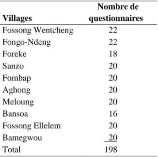 Tableau 4. Nombre de questionnaires effectués par village 