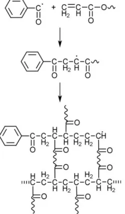 Figure  13.  Exemple  de  polymérisation  radicalaire  d'un  polymère  se  terminant  par  une  fonction  acrylate  (adapté  de  Polymérisation sous rayonnements UV)  [127]  