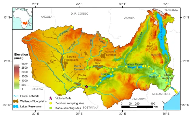 Figure 1. Map of the Zambezi Basin showing elevation, wetlands and floodplains areas (data from Lehner and Döll, 2004), the main hydrological network and the distribution of sampling sites along the Zambezi and the Kafue rivers.