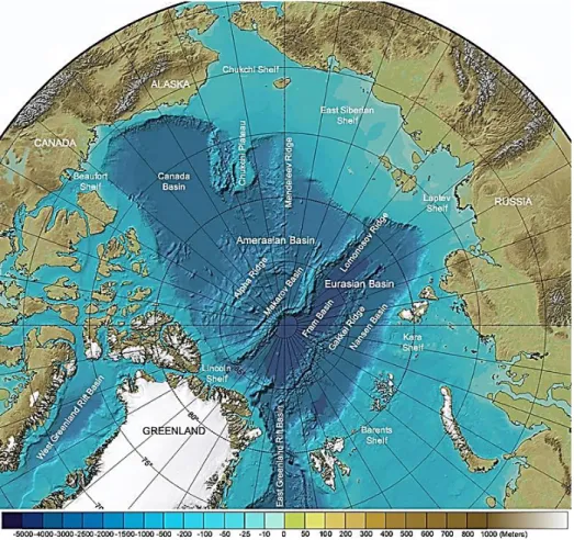 Figure  1.1  Bathymetric  map  of  the  central  Arctic  Ocean  and  several  marginal  seas  (http://recherchespolaires.inist.fr/?L-ocean-Arctique-physiographie)