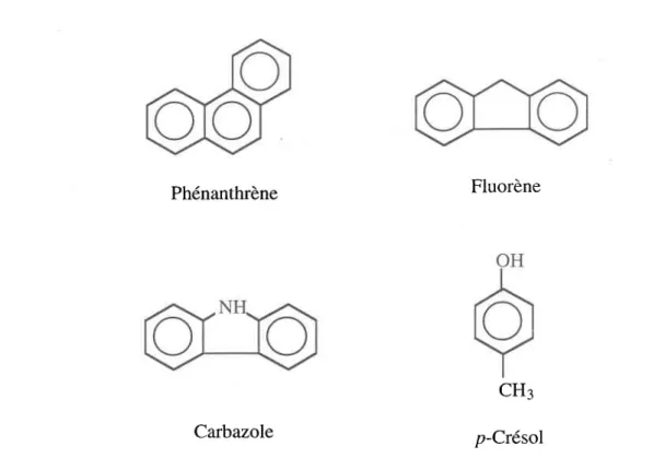 Figure 3.1:  Structures  du phénanthrène,  du fluorène, du carbazole  et du p-crésol