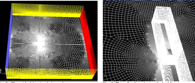 Fig. 2 : The grid of the simulation volume.                            Fig. 3: The refined mesh near the building