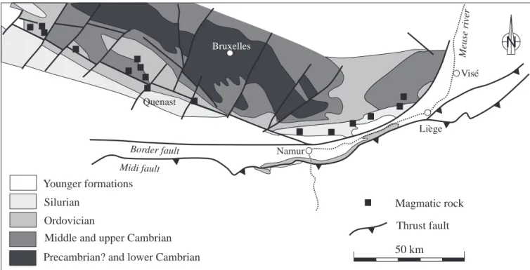 Fig. 1 : Subcrop geological map of the Brabant Massif (after De Vos et al., 1993, and Chacksfi  eld et al., 1993).