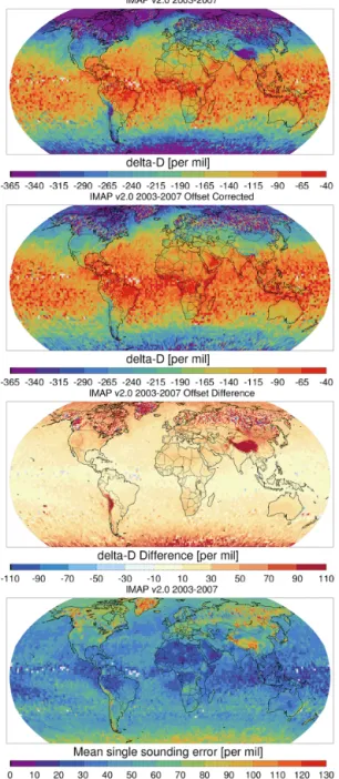 Figure 1. First: map of the new IMAP v2.0 2003–2007 δD data set. The resolution is 1 × 1 ◦ over land and 2 × 2 ◦ over water  (non-weighted average of at least two retrievals per grid cell)