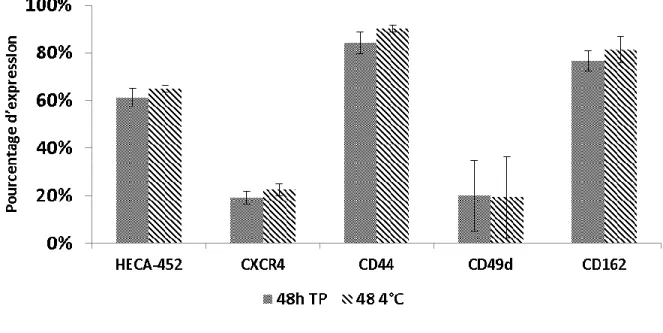 Figure 9.  Impact de la température d’entreposage du sang de cordon sur  l’expression de molécules à la surface des cellules CD34+