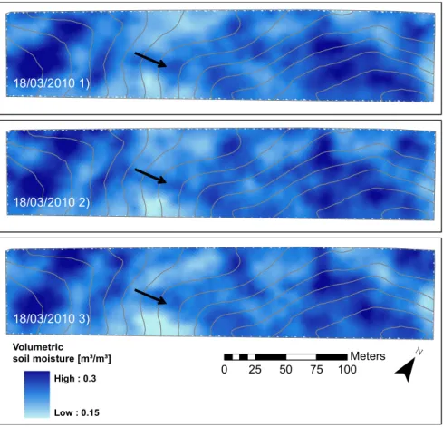 Figure 3: Soil moisture maps for the three acquisitions. Topographic contour lines with an interdistance of one meter are depicted in grey lines