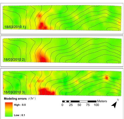 Figure 5: Maps of the interpolated modeling error ϕ(b ∗ ). Topographic contour lines with an interdistance of one meter are depicted in grey lines.