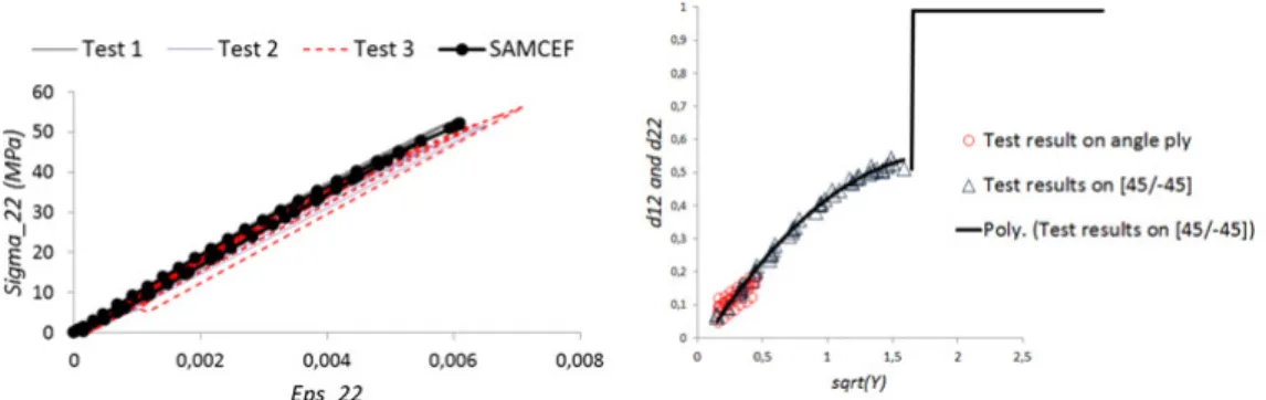 Figure 8. Identification of the material behavior in the transverse direction. Evolution of d 12  and d 22  as a  function of the equivalent thermodynamic force Y