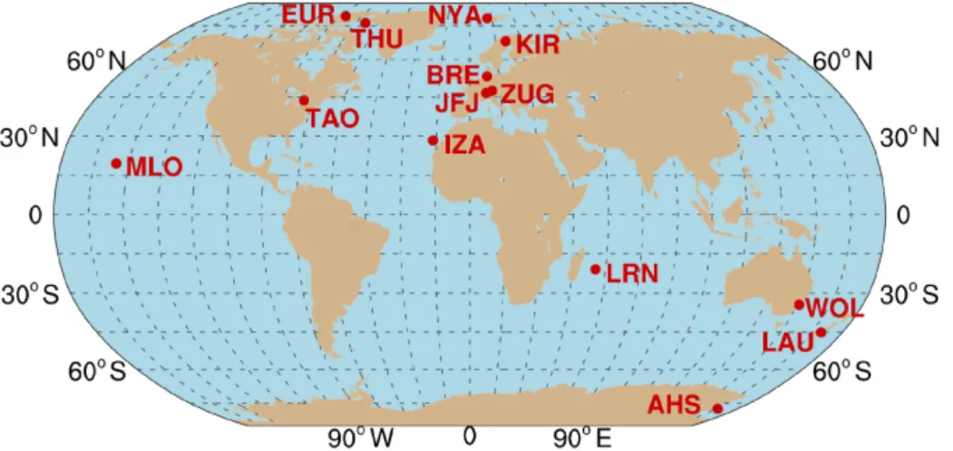 Figure 1. Location of the 14 NDACC ground-based remote-sensing FTS sites used in this study