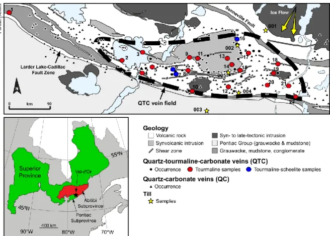 Figure 1: Simplified regional geological map of the Val-d’Or orogenic gold vein field showing the distribution of  quartz-carbonate and quartz-tourmaline-carbonate veins and till samples used in this study and the ice flow  directions in the study area