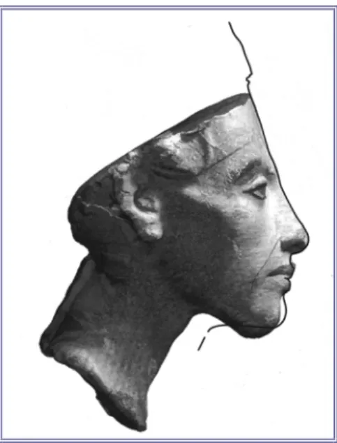 Figure 15. Projection of grid composed of the ancient Egyptian “finger” (a unit of measurement equal to  1.875 cm) on a 3D-rendering of Nefertiti’s Berlin bust (Ägyptisches Museum 21.300)