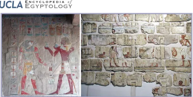 Figure 4. Comparison between traditional temple-wall imagery at left (from Hatshepsut’s temple at Deir el- el-Bahri) and Atenist temple-wall imagery at right, where the ritualized life of the king is depicted under the  sun’s rays (Luxor Museum assemblage)