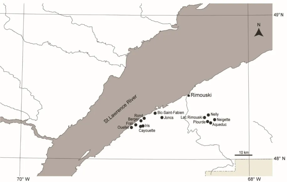 Figure 2.1 Locations of the 13 sites used for present-day surveys of fen vegetation in the Bas-Saint-Laurent region, Québec (Canada)
