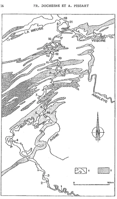 FIG.  2,  - Carte  de  la  localisation  des  lieux  de  prélèvements  des  échantillons  de  cailloux  de  4  à  6  cm  dans  le  lit  de  l'Ourthe  et  de  ses  affluents  ainsi  que  la  répartition  des  principales  roches   cal-caires