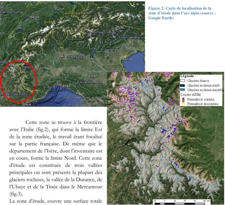 Figure 2: Carte de localisation de la  zone d’étude dans l’arc alpin (source :  Google Earth)