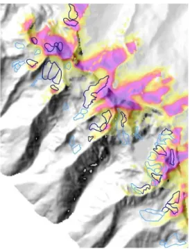 Figure 9:Comparaison entre la distribution des  glaciers rocheux et l’indice de probabilité de  permafrost dans la région de la Haute Tinée 